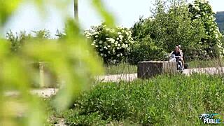 Girl fucked doggystyle after riding motorcycle outdoors.