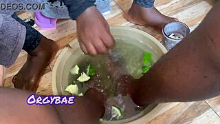 ebony wife teases her cuckold husband as foot fetish couple series