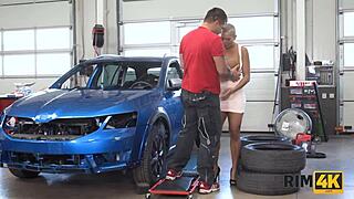 Sexy short-haired beauty tongues car mechanic's anus in doggystyle.