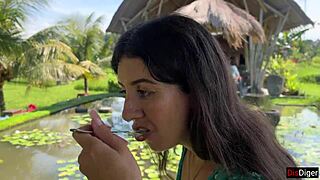 Cumwalk in public cafe eating pasta carbonara with sperm on face.