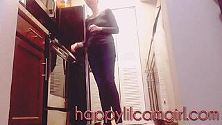 Tall girl ignores cleaning in kitchen voyeur recording