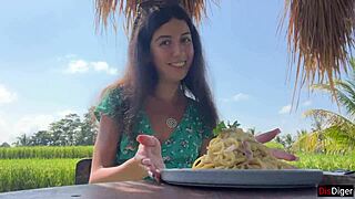 Cumwalk in public cafe eating pasta carbonara with sperm on face.