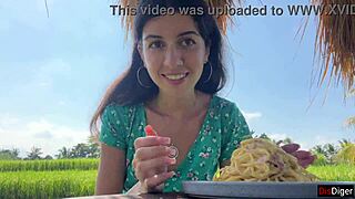 Cumwalk in public cafe eating pasta carbonara with sperm on face.