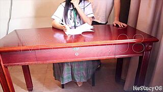 asian babe moaning under stepdad's touch during homework