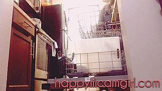 Tall girl ignores cleaning in kitchen voyeur recording