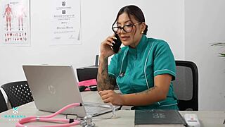 In a homemade scene, SLUTTY DOCTOR Mariana Martix BENDS OVER for patient Angel Cruz to CUM ON HER ASS in missionary