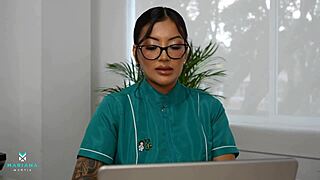 In a homemade scene, SLUTTY DOCTOR Mariana Martix BENDS OVER for patient Angel Cruz to CUM ON HER ASS in missionary