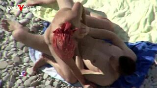 Curvy milf flashes pussy on beach, then fucked from behind