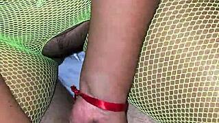 Latina milf intensely massages dick on period, cum shot on ass
