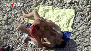 Curvy milf flashes pussy on beach, then fucked from behind