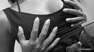 Asian girl with shaved pussy, pink lips, and small tits bends over for doggystyle blowjob in POV.