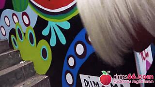 Blonde milf Sophie Logan gets picked up for POV sex on stairs.