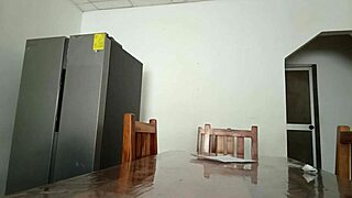 The maintenance man checks the fridge while the housewife shows her vagina