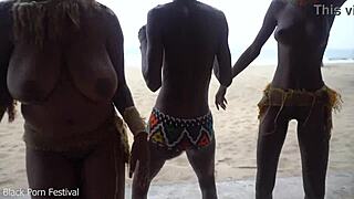 Three african tribe witches perform a rain-making dance ritual
