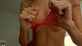 Candice tries on sexy lingerie revealing tight pussy