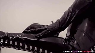 ebony shemale in latex gives blowjob to monster cock