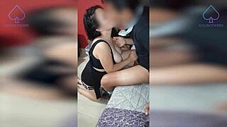 Haciendo cornudo a mi esposo con ex novio vergon. Beautiful latina wife in doggystyle, bent over ass, big tits, cum amateurs.