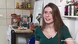 german brunette plays with shaved pussy passionately