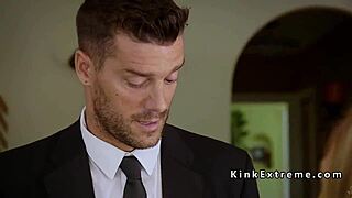 Tied up teen gets throat banged and ass caned in group.