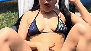 outdoor masturbation in public pool, exhibiting pussy and tits, horny for cock and cum
