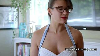 Tied up teen gets throat banged and ass caned in group.