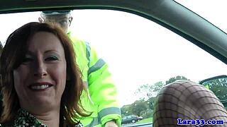 Caught masturbating, the mature woman ended up riding the patrol cop in her skirt and heels.