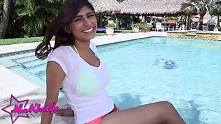 mia khalifa - nervous at first mia khalifa takes her first creampie and loves feeling cum deep in her pussy?
