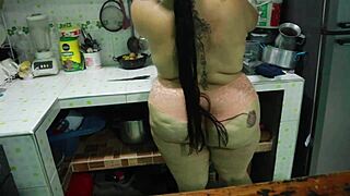 Girlfriend's sister enjoys rough missionary in kitchen with big cock