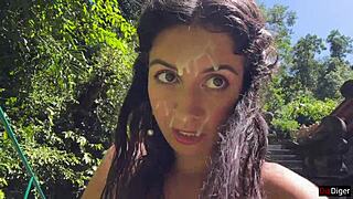 cum on face in public locker room and cumwalk at the waterfall