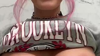 busty babe teasingly flashes her pierced nipples in the public store