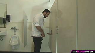 Intriguing tranny in gloryhole gives blowjob and handjob with big tits