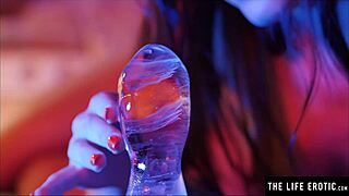 watch her fucking her tight asshole with a huge ice dildo