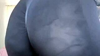 Mature woman models sheer leggings in close-up view