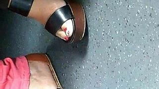 mature feet candid in wedges sandals
