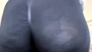 Mature woman models sheer leggings in close-up view