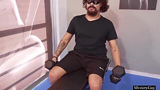 watch this dirty blonde with big tits dive into a naughty fantasy at the gym with three guys for dpp and bukakke?