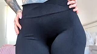 Mature woman models sheer leggings in close-up view