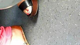 mature feet candid in wedges sandals