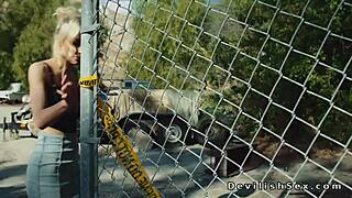 busty asian babe rides that big cock biker right in the warehouse