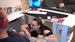 in the middle of a zoom meeting, the naughty secretary starts sucking her boss's cock and swallows his cum