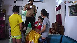 Desi mallu bhabhi enjoys hardcore sex in various positions with four local desi boys during her alone time at home gangbang?