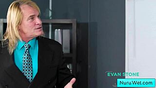 hey, check out this ebony masseuse with perfect big boobs giving a wet nuru massage, says evan stone to nina white