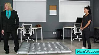 hey, check out this ebony masseuse with perfect big boobs giving a wet nuru massage, says evan stone to nina white