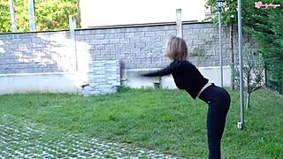 Sporty hot teen braces for deepthroat and doggystyle fuck with muscular neighbor in backyard