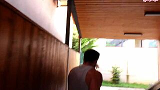 Sporty hot teen braces for deepthroat and doggystyle fuck with muscular neighbor in backyard