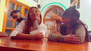 Lesbians get seduced by horny guy and fucked in bar.