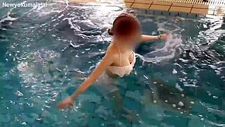 Exercise In The Pool With Cute Asian Student