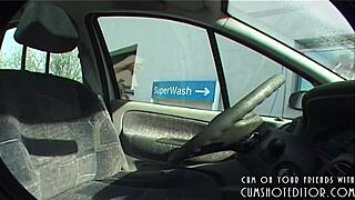 Young german amateur strips naked at the car wash.