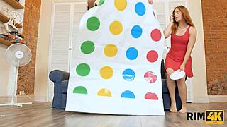 Guy licks shaved pussy in rimjob and cowgirl riding during twister game