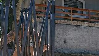 Boldly flashing in countryside tent setup with body stuffed in ass